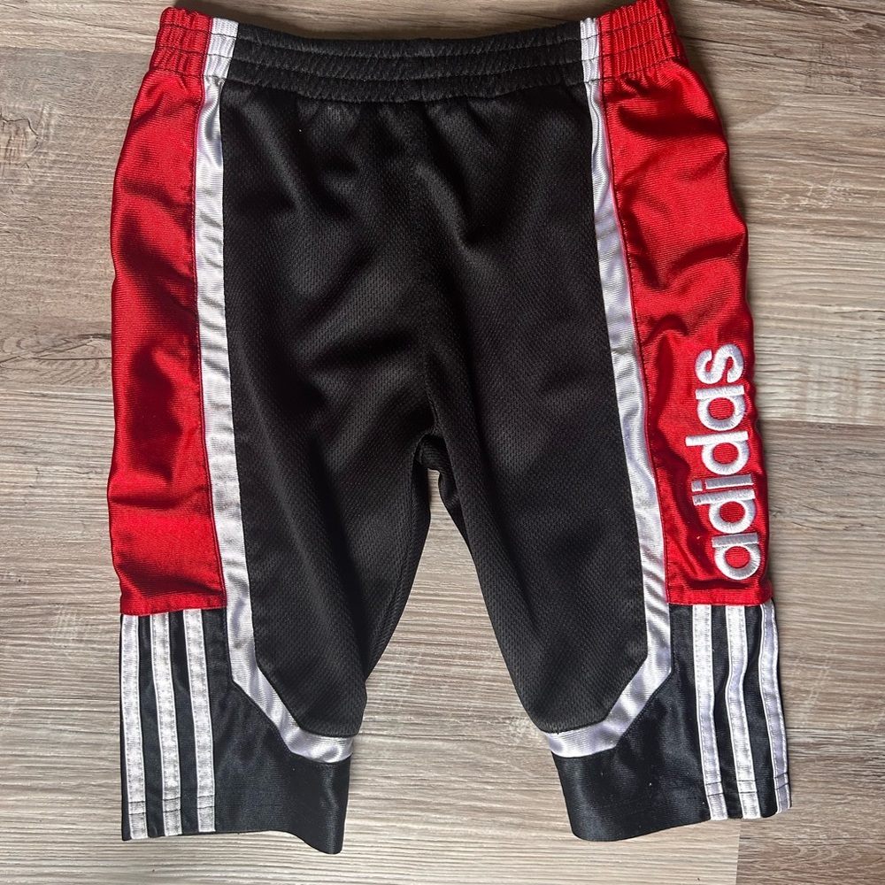 Adidas Red and Black Athletic Shorts with Signature Stripes